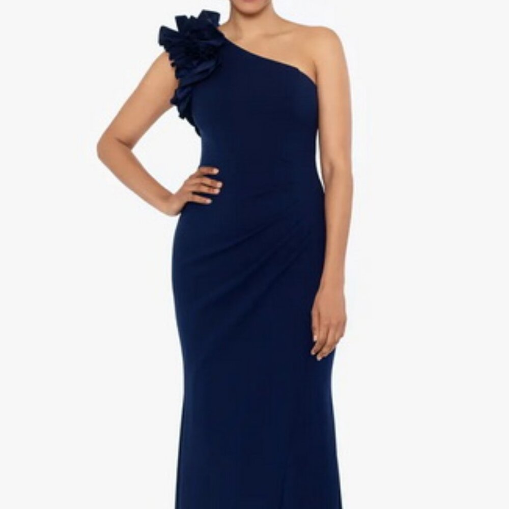 Xscape Navy Blue Ruffle One-Shoulder Scuba Crepe Gown